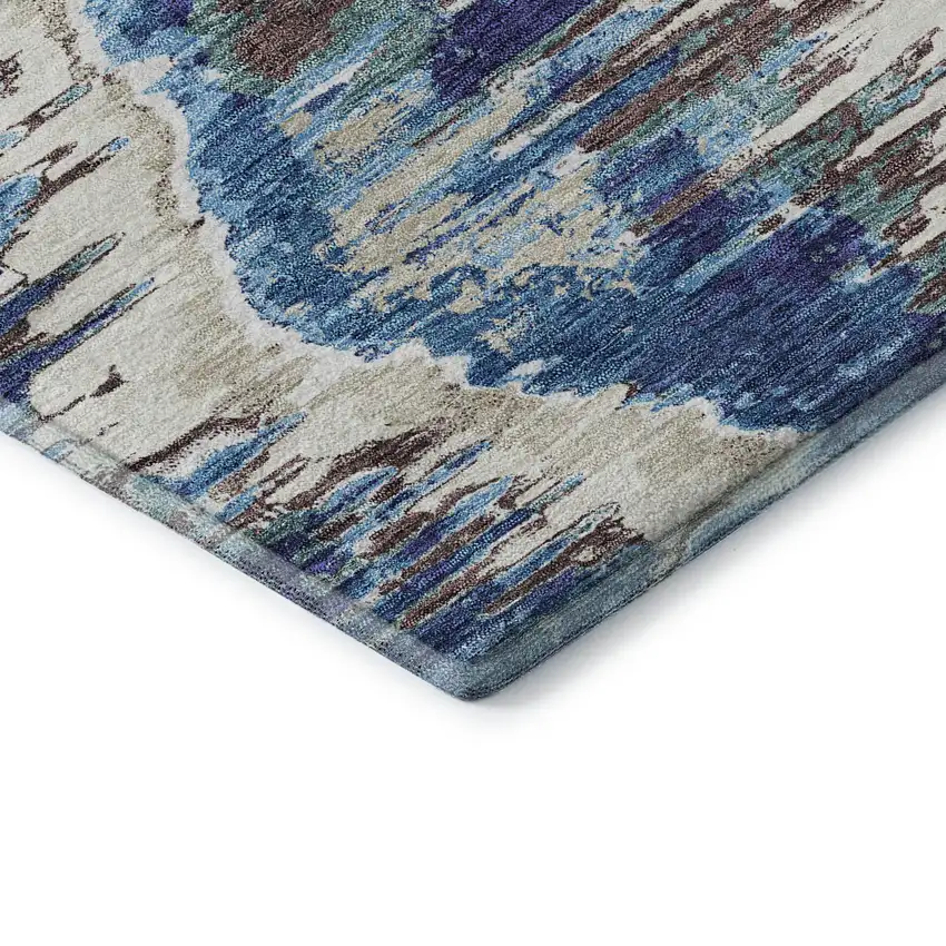 8' Blue Brown And Ivory Diamond Washable Round Rug With UV Protection Photo 7