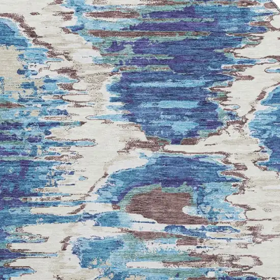 8' Blue Brown And Ivory Diamond Washable Round Rug With UV Protection Photo 3