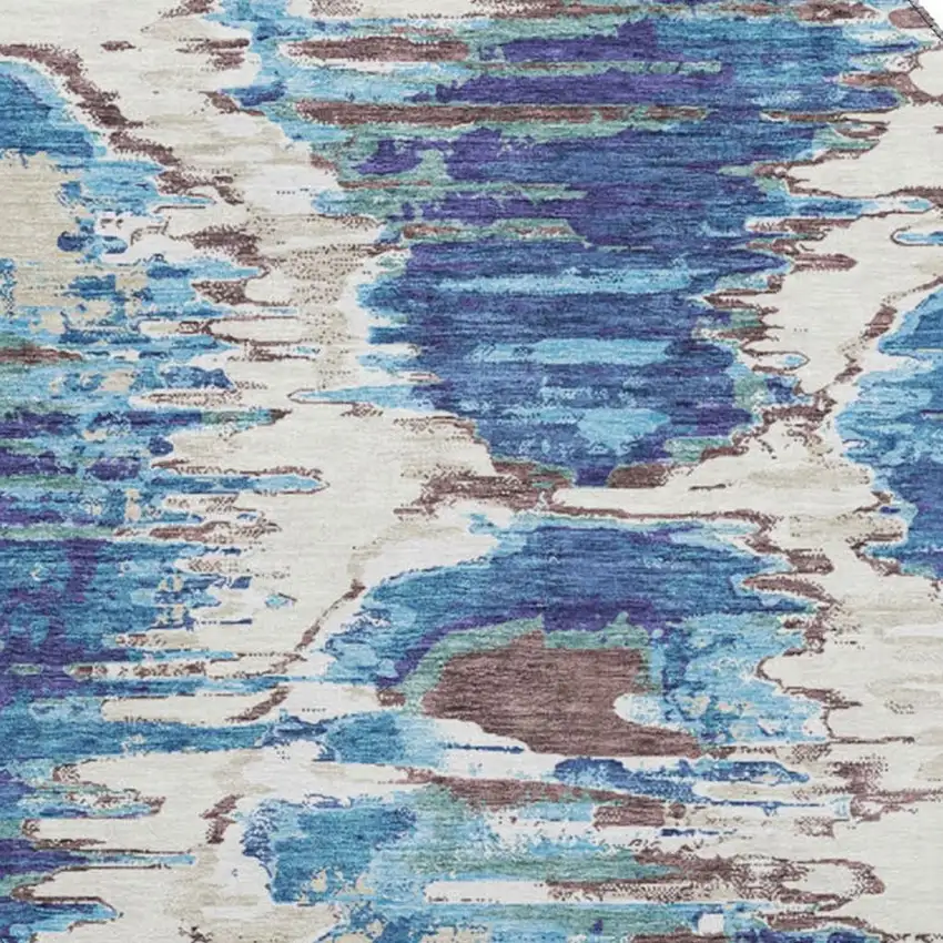 8' Blue Brown And Ivory Diamond Washable Round Rug With UV Protection Photo 3