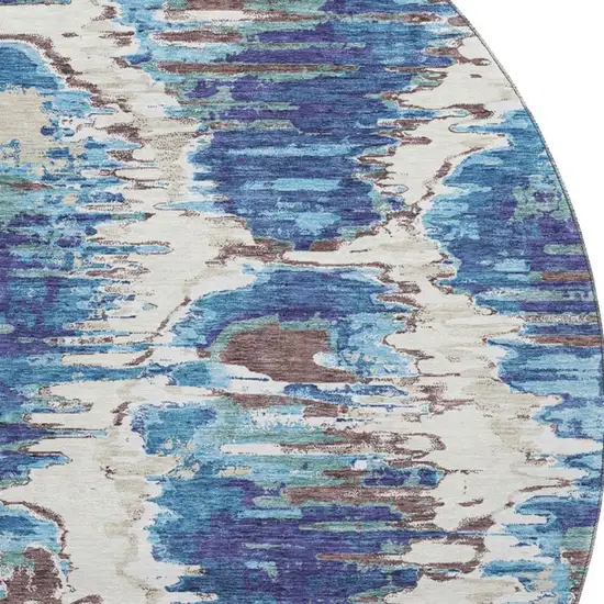 8' Blue Brown And Ivory Diamond Washable Round Rug With UV Protection Photo 4