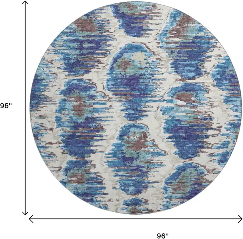8' Blue Brown And Ivory Diamond Washable Round Rug With UV Protection Photo 3