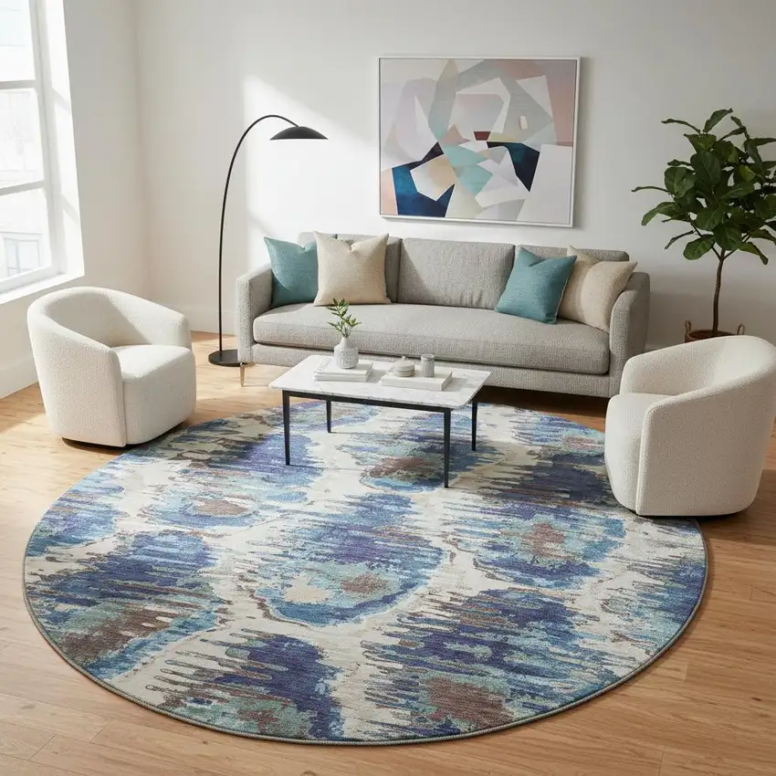 8' Blue Brown And Ivory Diamond Washable Round Rug With UV Protection Photo 2