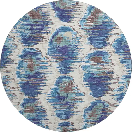 8' Blue Brown And Ivory Diamond Washable Round Rug With UV Protection Photo 1