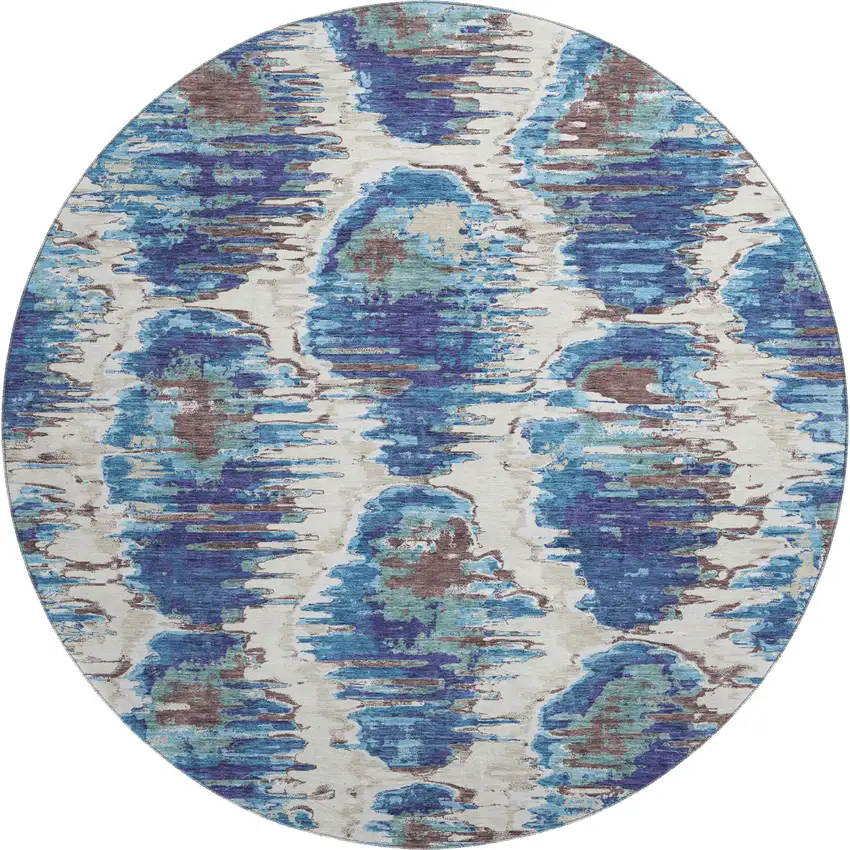 8' Blue Brown And Ivory Diamond Washable Round Rug With UV Protection Photo 1