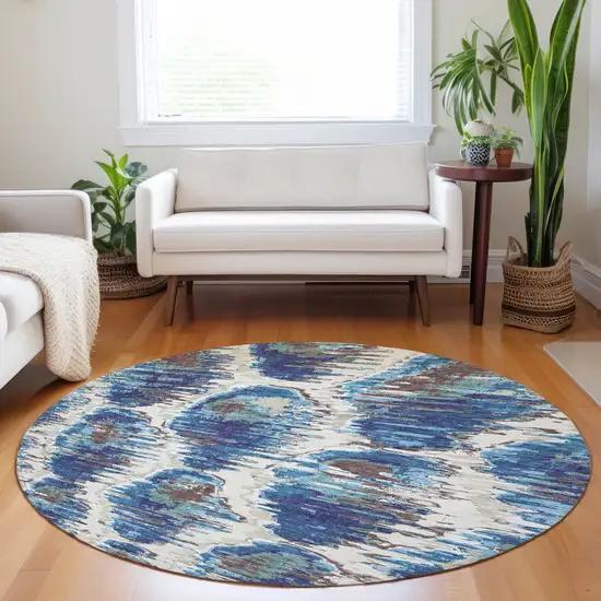 8' Blue Brown And Ivory Diamond Washable Round Rug With UV Protection Photo 5