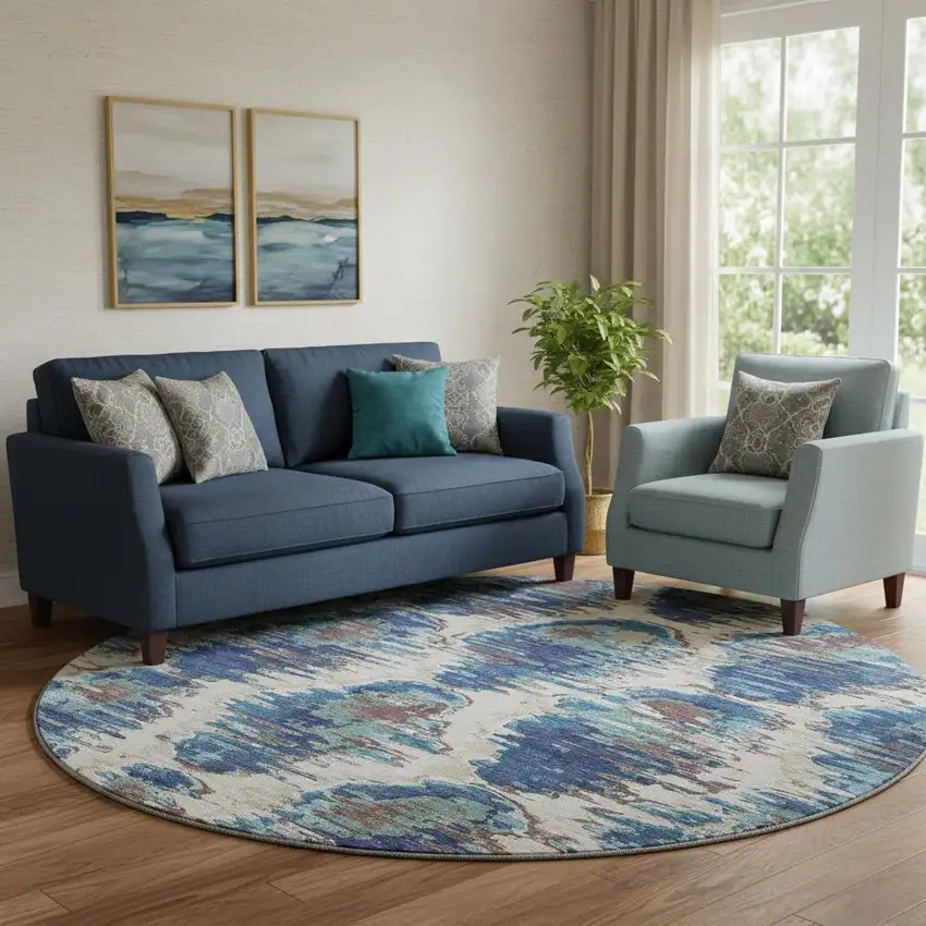 8' Blue Brown And Ivory Diamond Washable Round Rug With UV Protection Photo 1