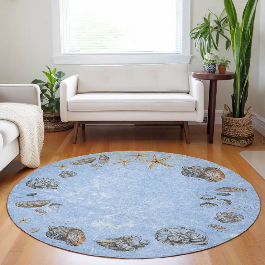 8' Blue Brown And Ivory Geometric Washable Round Rug With UV Protection Photo 5