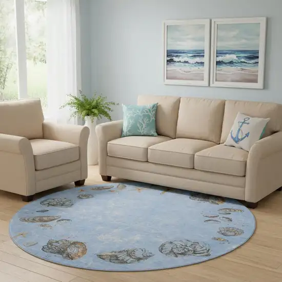 8' Blue Brown And Ivory Geometric Washable Round Rug With UV Protection Photo 1