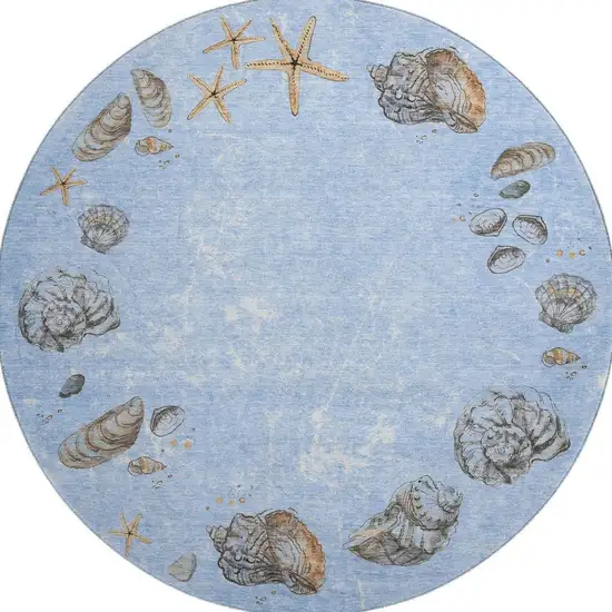 8' Blue Brown And Ivory Geometric Washable Round Rug With UV Protection Photo 4