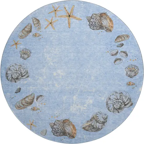 8' Blue Brown And Ivory Geometric Washable Round Rug With UV Protection Photo 1