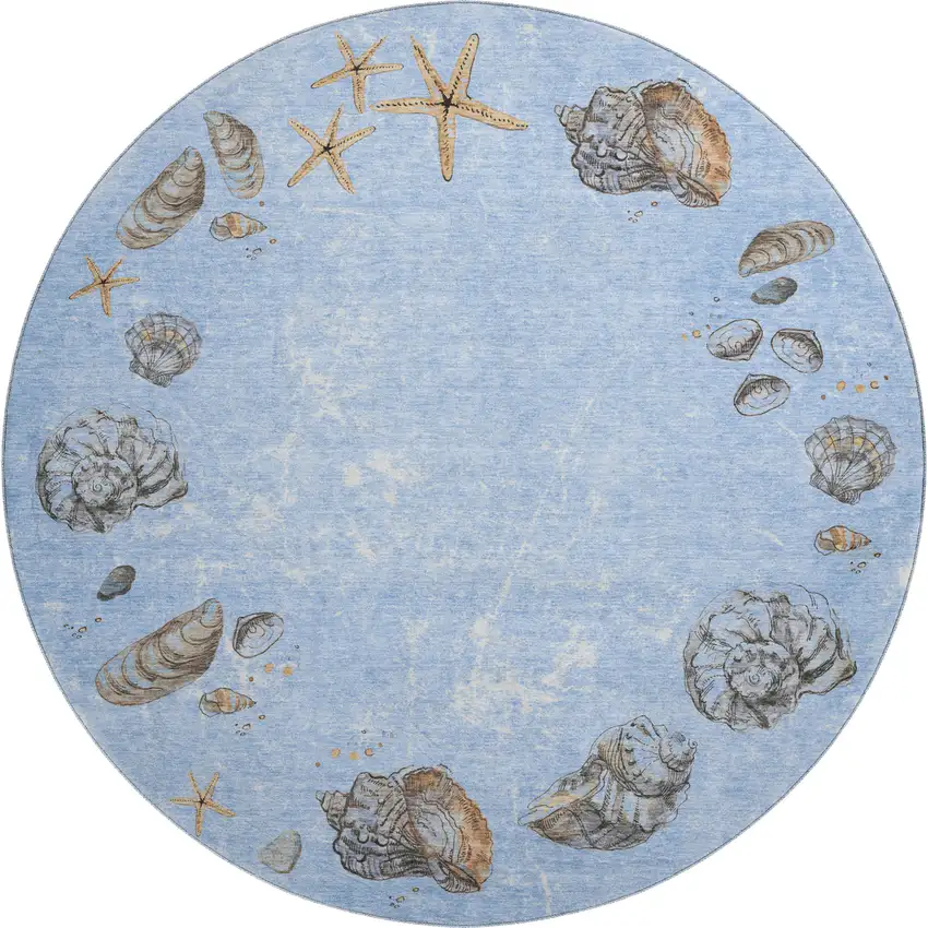 8' Blue Brown And Ivory Geometric Washable Round Rug With UV Protection Photo 1