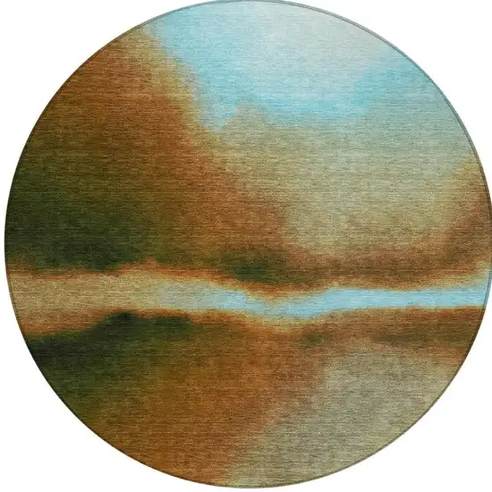 8' Blue Brown And Ivory Round Abstract Washable Indoor Outdoor Area Rug Photo 3