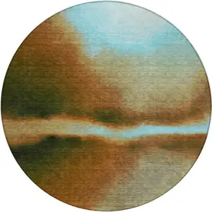 Photo of 8' Blue Brown And Ivory Round Abstract Washable Indoor Outdoor Area Rug