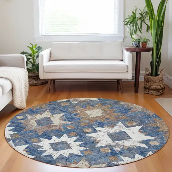 8' Blue Brown And Ivory Round Aztec Washable Indoor Outdoor Area Rug Photo 6