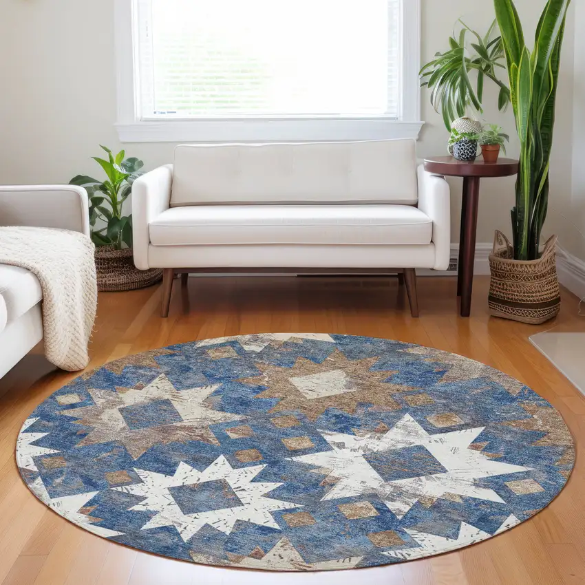 8' Blue Brown And Ivory Round Aztec Washable Indoor Outdoor Area Rug Photo 6