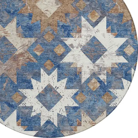 8' Blue Brown And Ivory Round Aztec Washable Indoor Outdoor Area Rug Photo 8