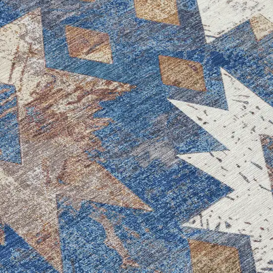 8' Blue Brown And Ivory Round Aztec Washable Indoor Outdoor Area Rug Photo 9