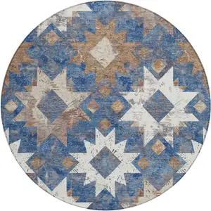 Photo of 8' Blue Brown And Ivory Round Aztec Washable Indoor Outdoor Area Rug