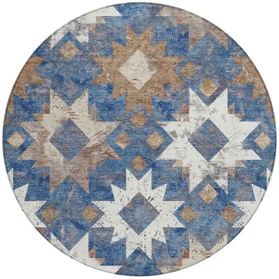 8' Blue Brown And Ivory Round Aztec Washable Indoor Outdoor Area Rug Photo 3