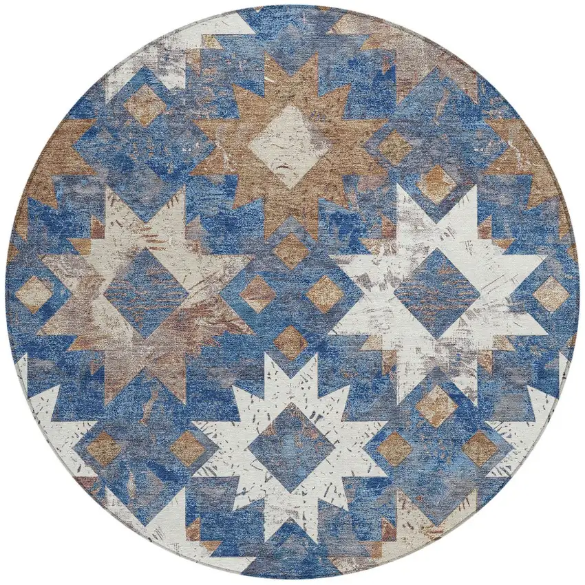 8' Blue Brown And Ivory Round Aztec Washable Indoor Outdoor Area Rug Photo 3