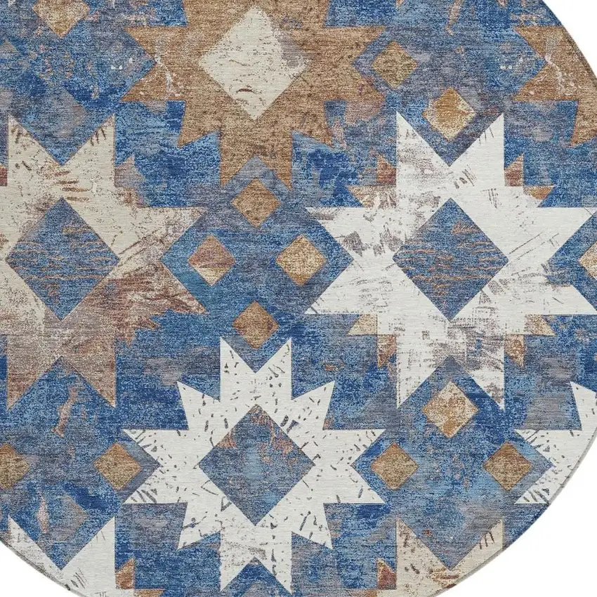 8' Blue Brown And Ivory Round Aztec Washable Indoor Outdoor Area Rug Photo 4