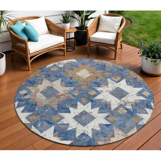8' Blue Brown And Ivory Round Aztec Washable Indoor Outdoor Area Rug Photo 2