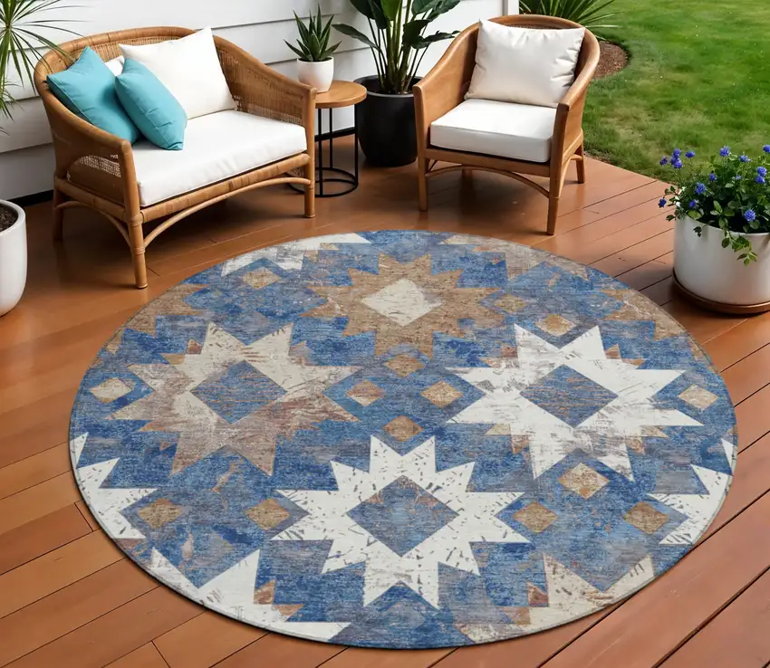 8' Blue Brown And Ivory Round Aztec Washable Indoor Outdoor Area Rug Photo 2