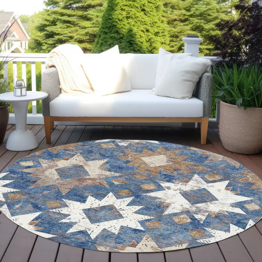 8' Blue Brown And Ivory Round Aztec Washable Indoor Outdoor Area Rug Photo 5