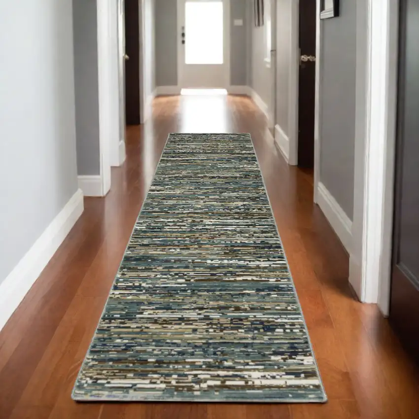 8' Blue Brown And Ivory Striped Runner Rug Photo 1