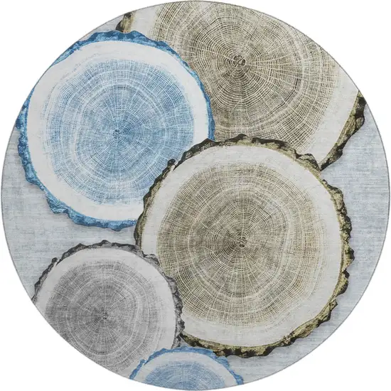 8' Blue Brown And Ivory Faux Bois Washable Round Rug With UV Protection Photo 2