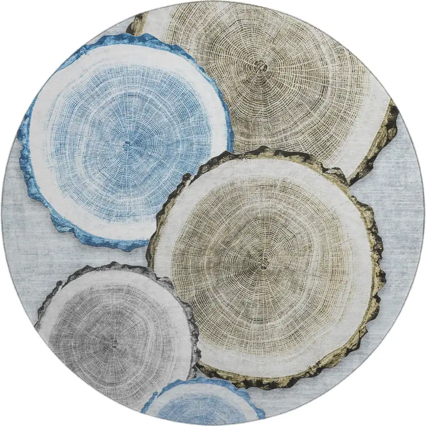 8' Blue Brown And Ivory Faux Bois Washable Round Rug With UV Protection Photo 2