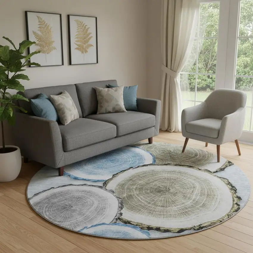 8' Blue Brown And Ivory Woodland Lodge Washable Round Rug With UV Protection Photo 1