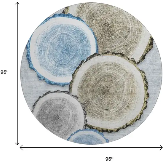 8' Blue Brown And Ivory Woodland Lodge Washable Round Rug With UV Protection Photo 3