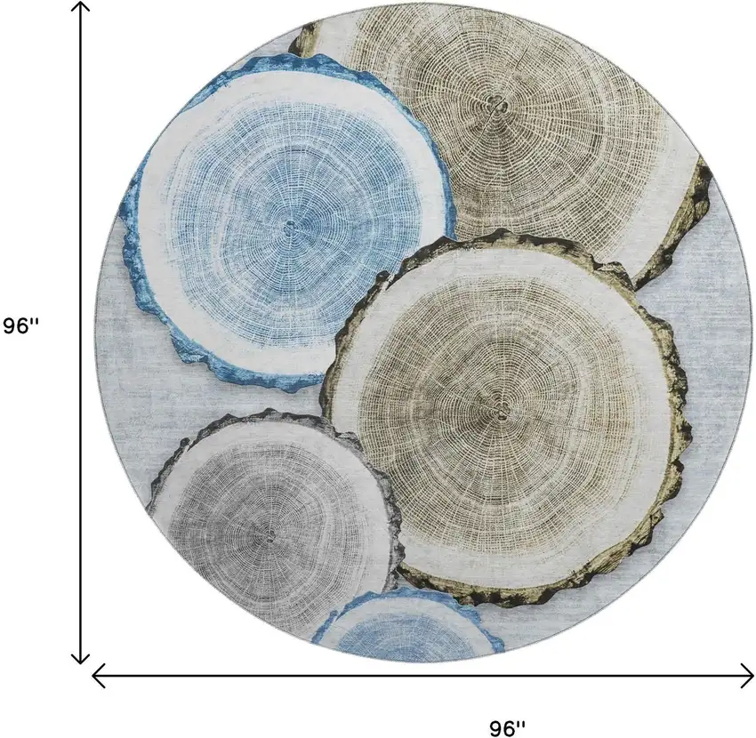 8' Blue Brown And Ivory Woodland Lodge Washable Round Rug With UV Protection Photo 3