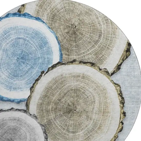 8' Blue Brown And Ivory Woodland Lodge Washable Round Rug With UV Protection Photo 4