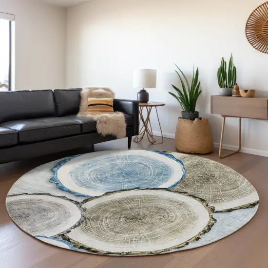 8' Blue Brown And Ivory Woodland Lodge Washable Round Rug With UV Protection Photo 5