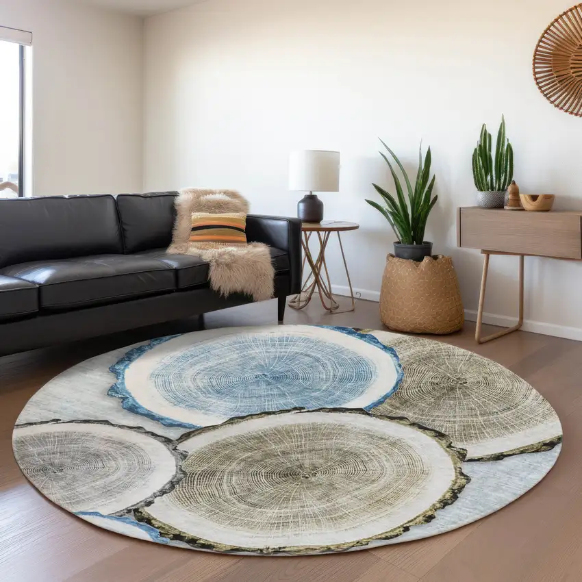 8' Blue Brown And Ivory Woodland Lodge Washable Round Rug With UV Protection Photo 5