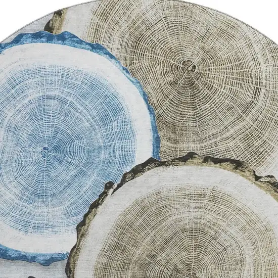 8' Blue Brown And Ivory Woodland Lodge Washable Round Rug With UV Protection Photo 3