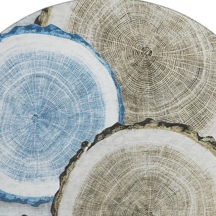 8' Blue Brown And Ivory Woodland Lodge Washable Round Rug With UV Protection Photo 3