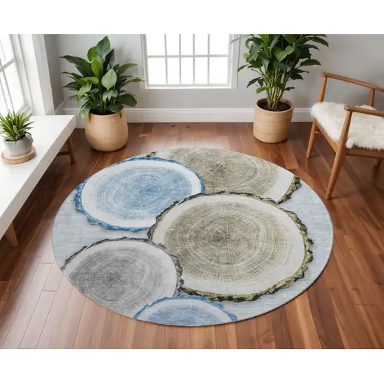 8' Blue Brown And Ivory Woodland Lodge Washable Round Rug With UV Protection Photo 2