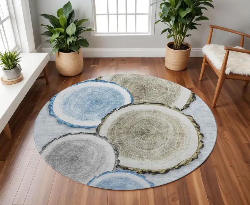 8' Blue Brown And Ivory Woodland Lodge Washable Round Rug With UV Protection Photo 2