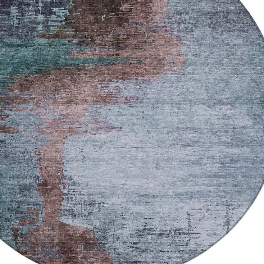 8' Blue Brown And Mauve Round Abstract Washable Indoor Outdoor Area Rug Photo 4
