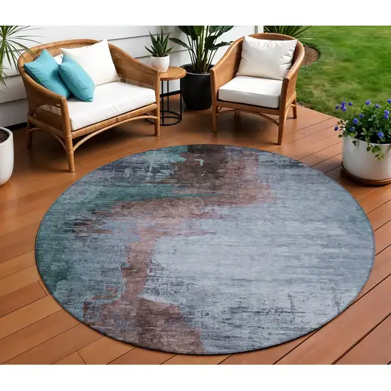 8' Blue Brown And Mauve Round Abstract Washable Indoor Outdoor Area Rug Photo 2