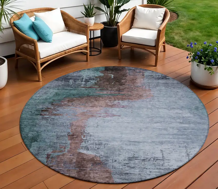8' Blue Brown And Mauve Round Abstract Washable Indoor Outdoor Area Rug Photo 2