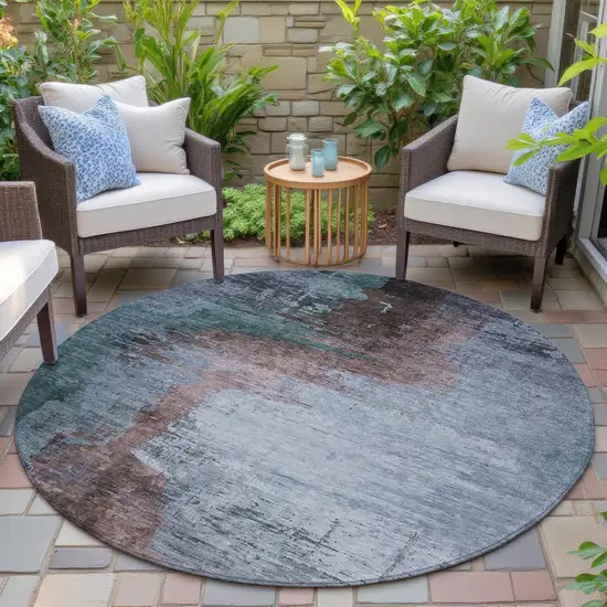 8' Blue Brown And Mauve Round Abstract Washable Indoor Outdoor Area Rug Photo 6
