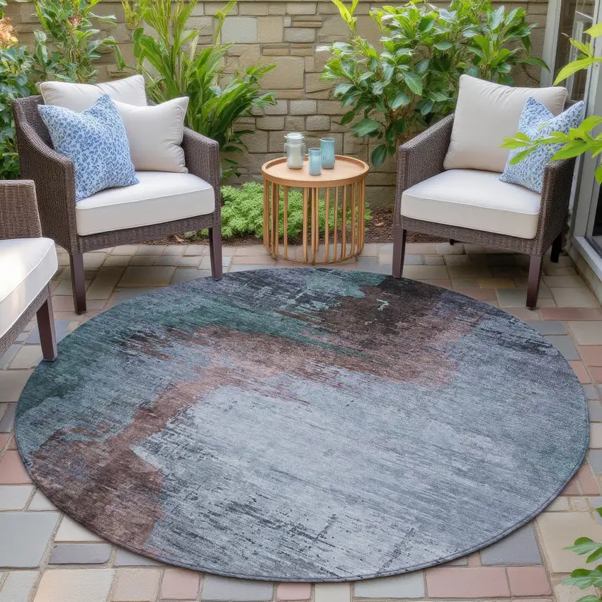 8' Blue Brown And Mauve Round Abstract Washable Indoor Outdoor Area Rug Photo 6