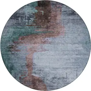 Photo of 8' Blue Brown And Mauve Round Abstract Washable Indoor Outdoor Area Rug