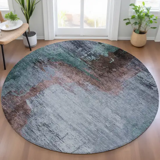 8' Blue Brown And Mauve Round Abstract Washable Indoor Outdoor Area Rug Photo 5