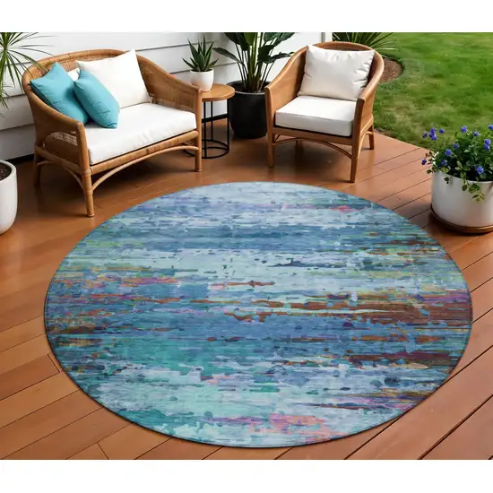 8' Blue Brown And Purple Round Abstract Washable Indoor Outdoor Area Rug Photo 2