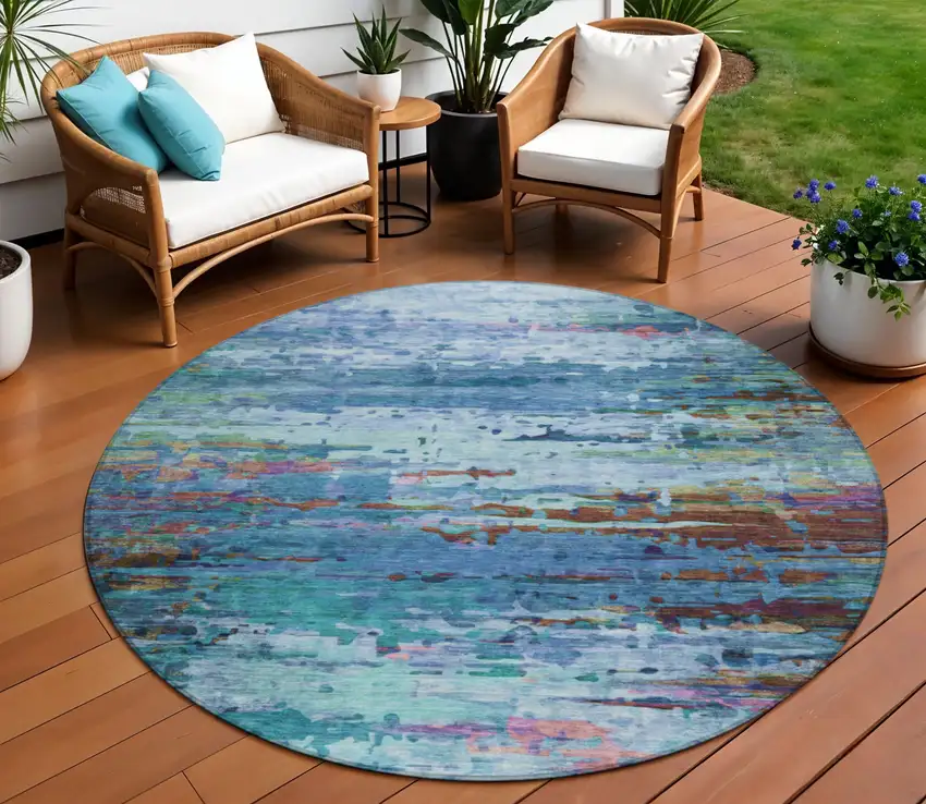 8' Blue Brown And Purple Round Abstract Washable Indoor Outdoor Area Rug Photo 2